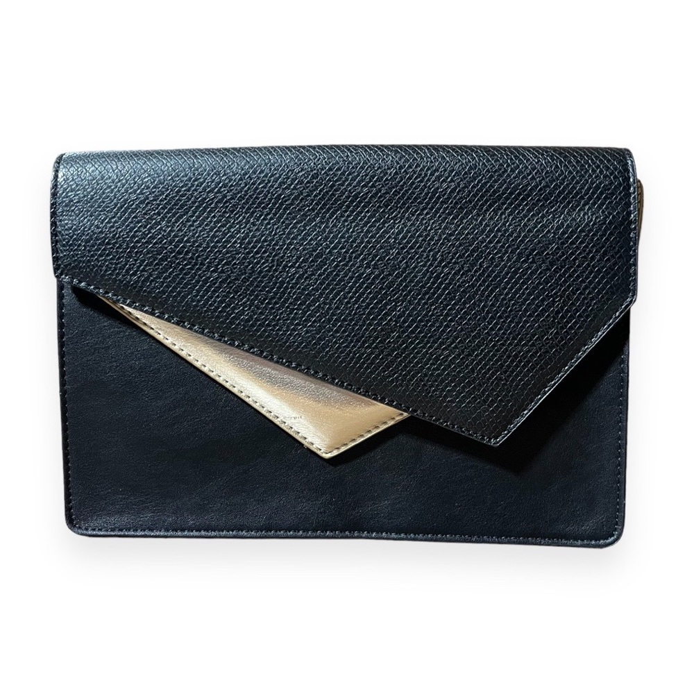 Authentic Bebe Clutch Black and‎ Gold Two Flaps Classic Style Evening Holiday - Picture 3 of 15